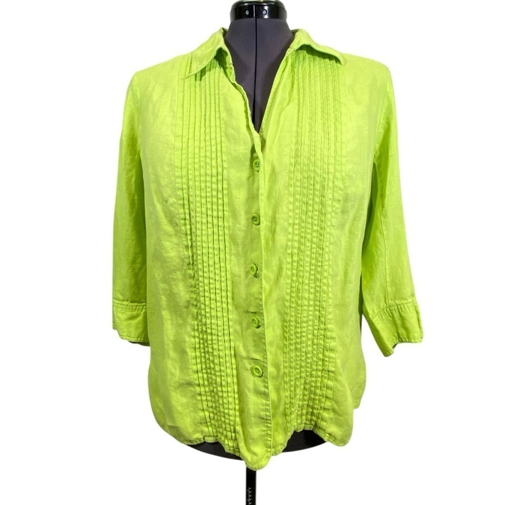 KIM ROGERS Women's plus 1X Green pleated 3/4 sleeve 100% linen button up shirt